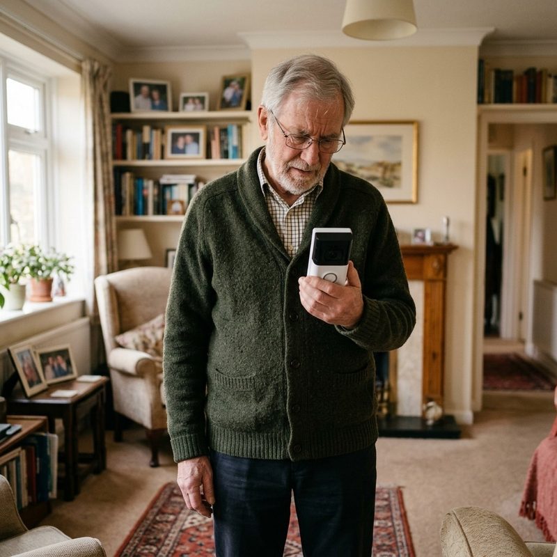 An older man in his living room looking puzzled at a new video doorbell in his hand